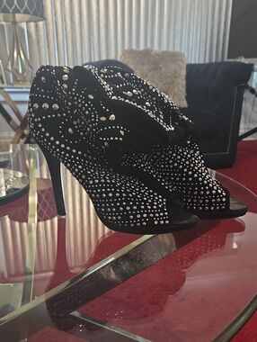 Black with Silver Studs Peep-Toe High Heel Booties